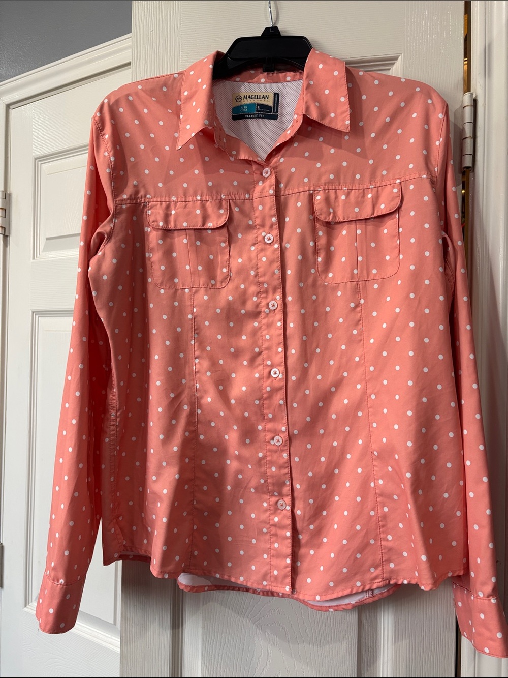 Women’s Magellan Outdoors Amanda’s Pass Peach White Polka Dot Button-Up Shirt